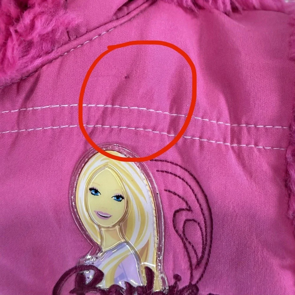 Y2K 2007 Barbie Puffer Vest Embroidered Logo Pink Faux Fur Lined Hood Sz 6 Girls